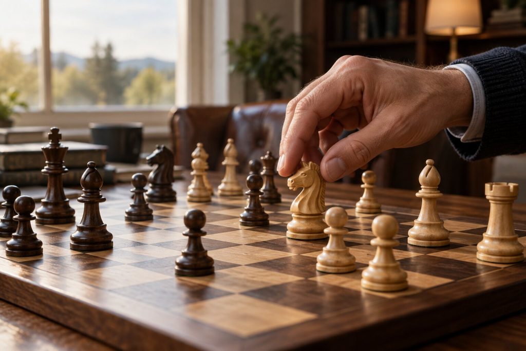 Une main s’arrête au-dessus d’un cavalier en bois avant de choisir un coup sur l’échiquier.
