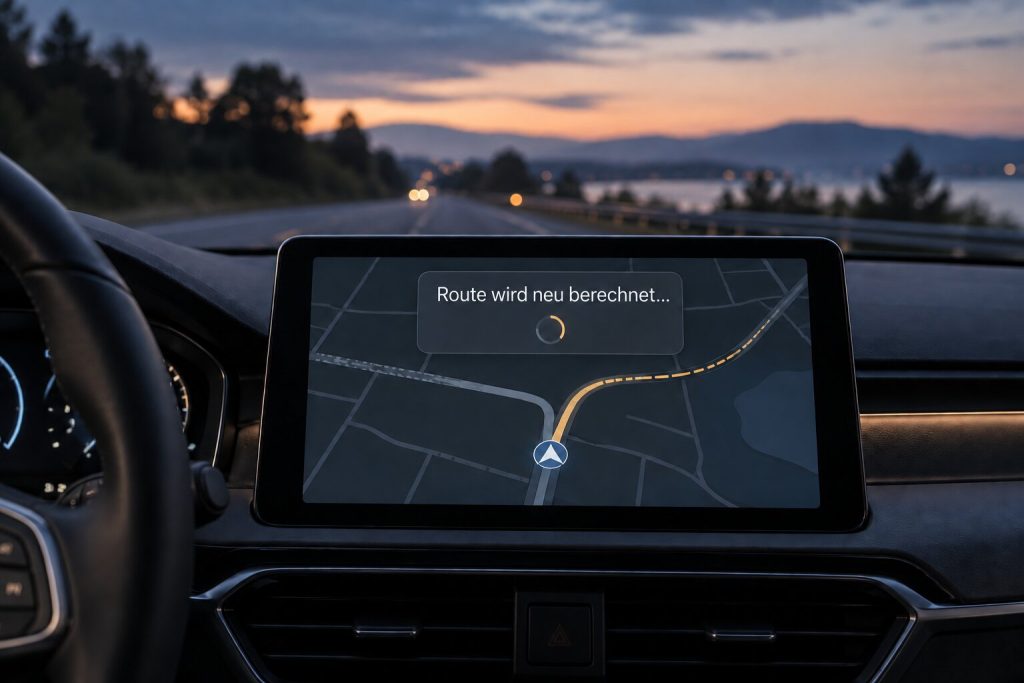 Navigationsbildschirm mit der Meldung „Route wird neu berechnet…“ nach einer verpassten Abzweigung.