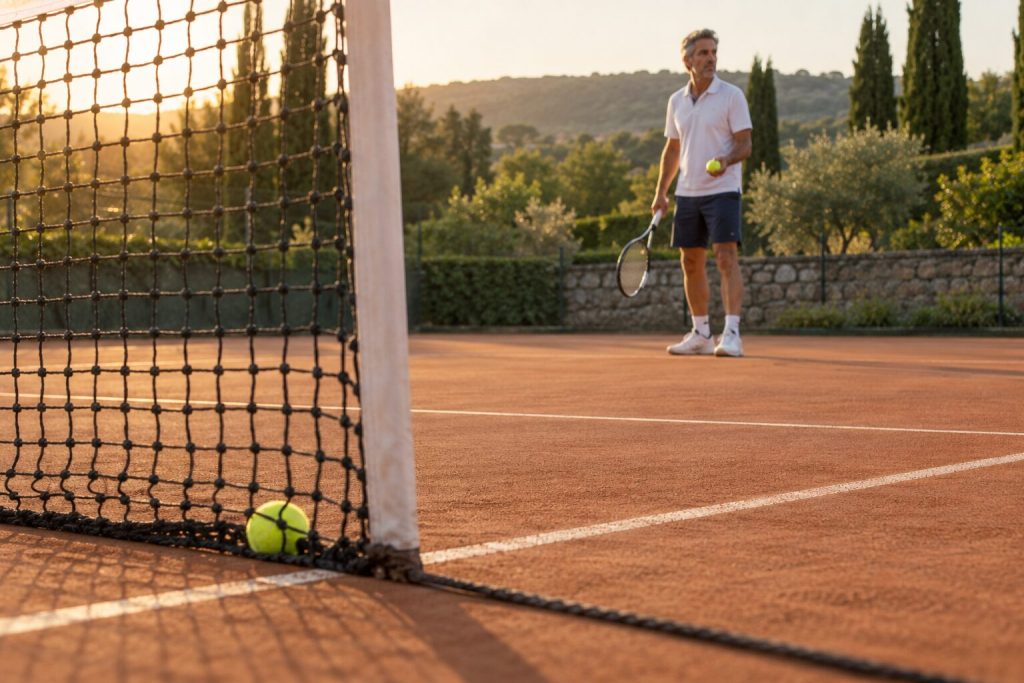 Une balle de tennis repose contre le filet tandis qu’un joueur se prépare calmement à servir de nouveau.